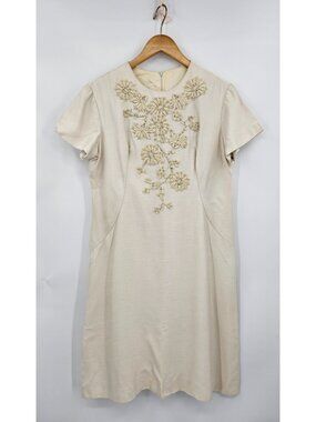 VTG Sylvia Ann Cream Shift Dress Womens 12? Raw Silk Floral Rhinestones